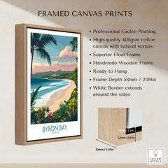 Byron Bay Poster - Australia Wall Art displayed as a framed canvas print showcasing the coastal beauty of Byron Bay.