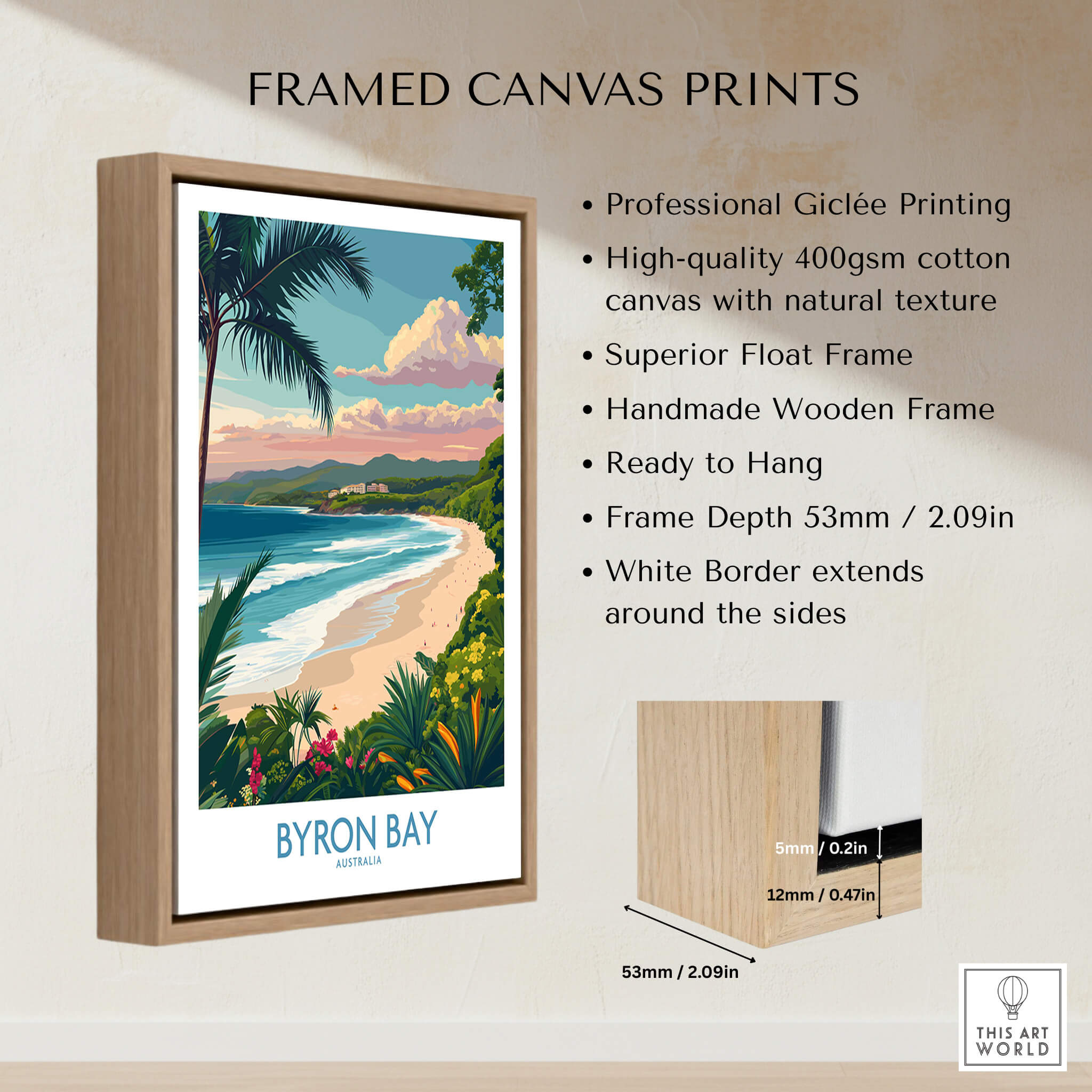 Byron Bay Poster - Australia Wall Art displayed as a framed canvas print showcasing the coastal beauty of Byron Bay.