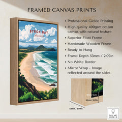 Byron Bay Beach Print - Australia Wall Art framed canvas print with coastal scenery and natural wooden frame.