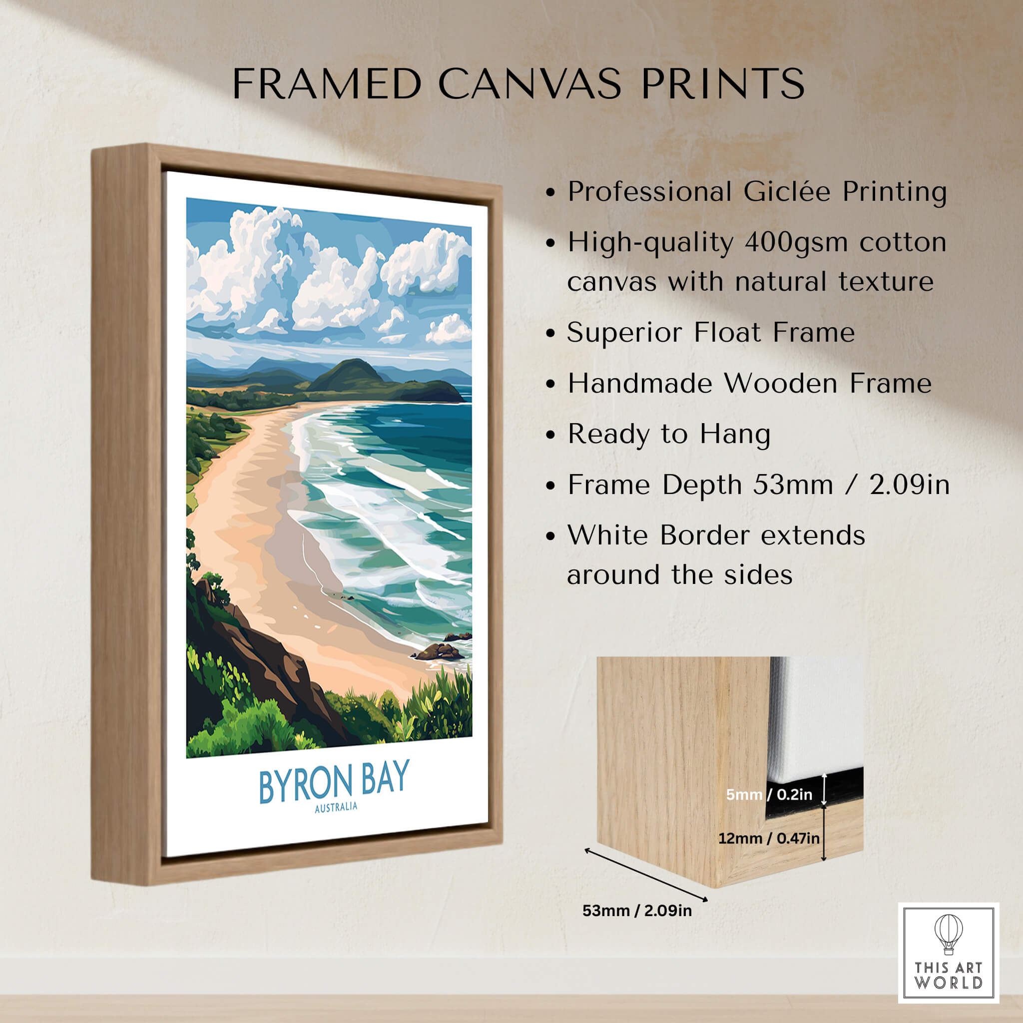 Byron Bay Wall Art Print Australia framed canvas print showcasing a coastal landscape with vibrant colors and natural textures.