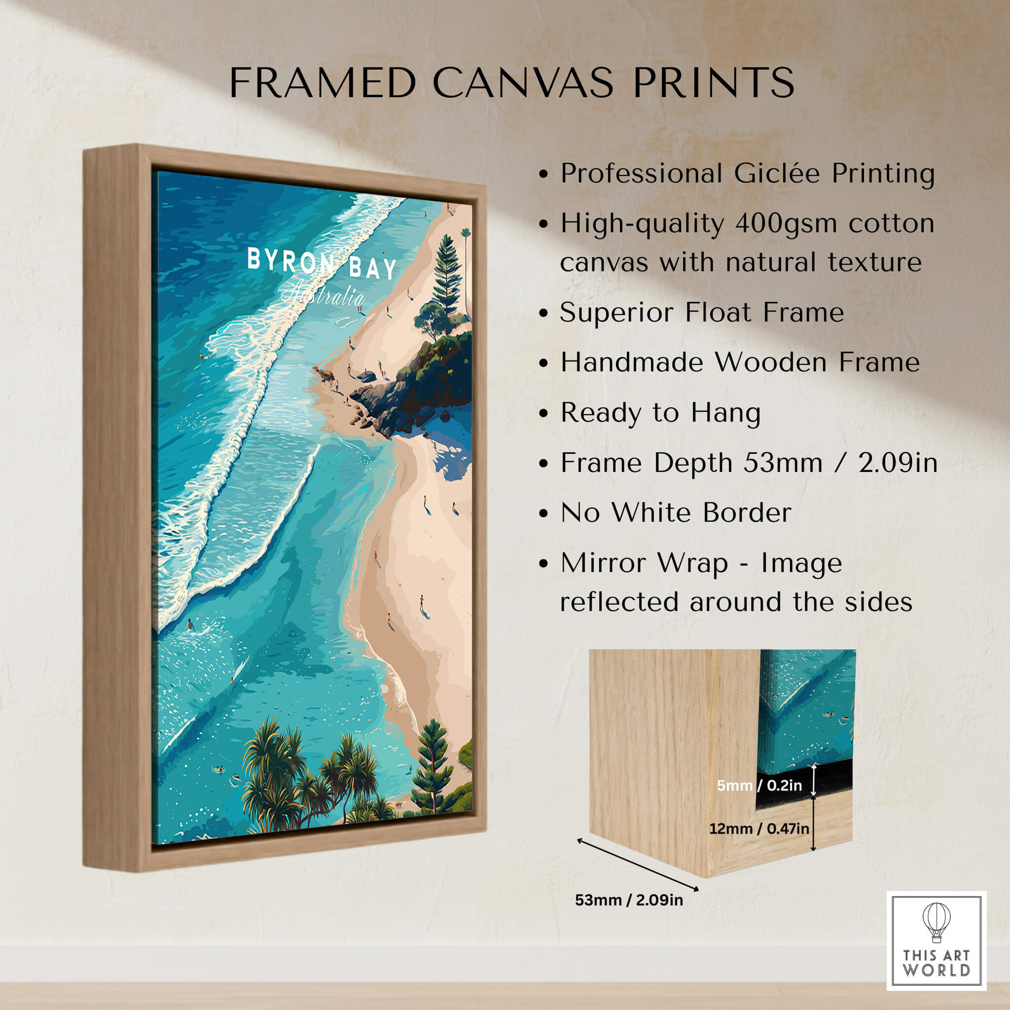 Byron Bay Art Print featuring stunning aerial view with natural wooden frame and giclée printing details.