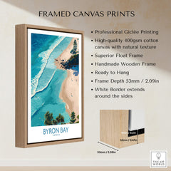 Byron Bay Beach Australia Canvas Art Print framed with high-quality materials and vibrant colors, ready to hang.