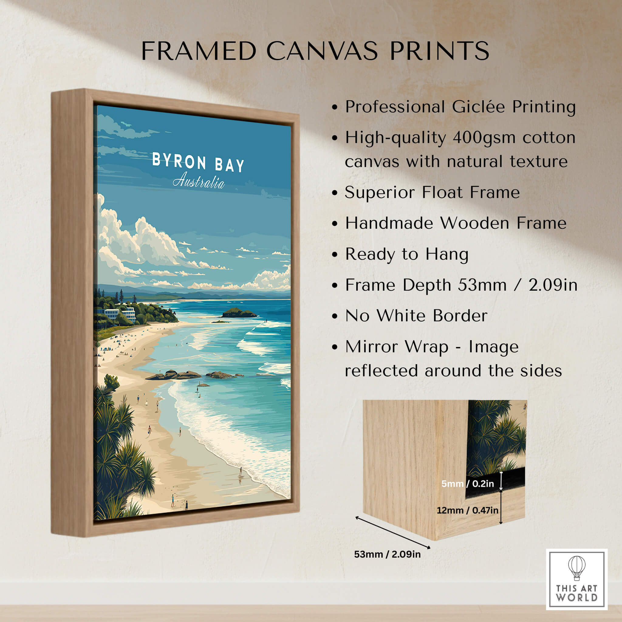Byron Bay Poster - Canvas Beach Print framed with professional giclée printing and natural texture.