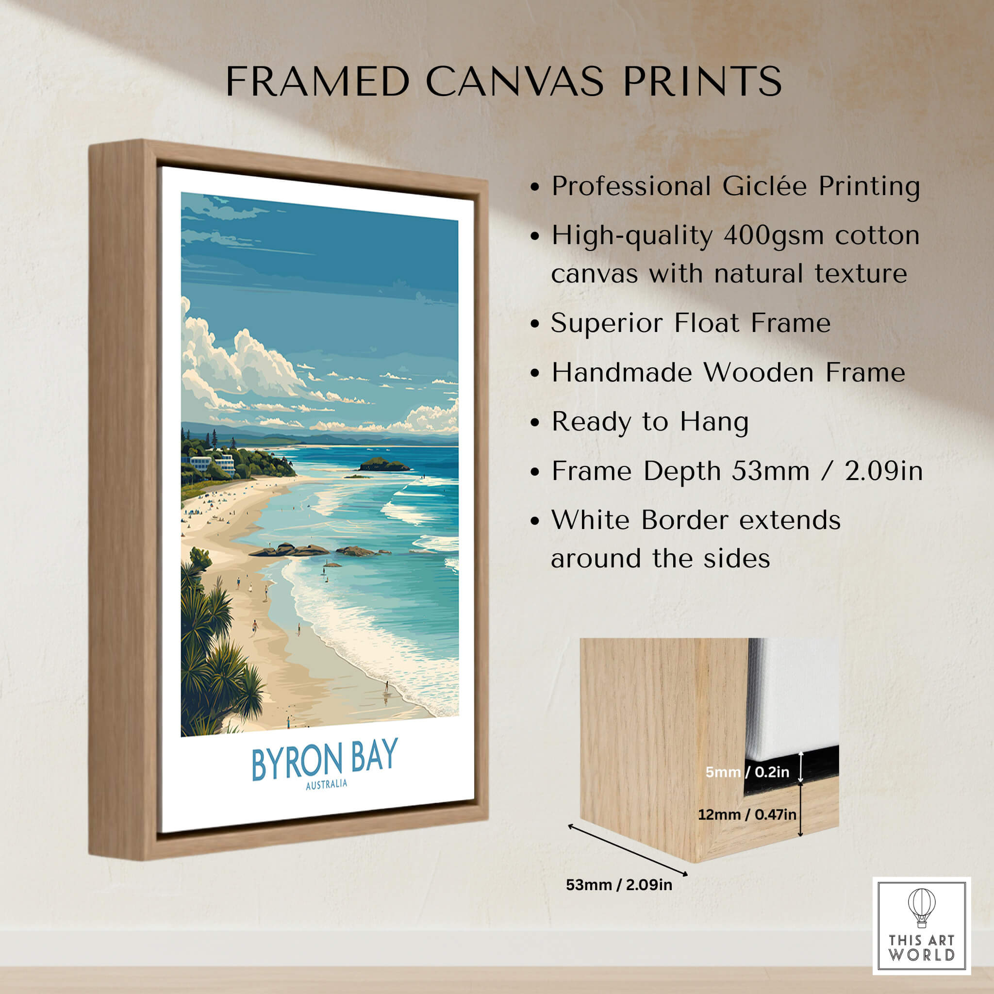 Byron Bay Wall Art Australia Travel Print showcasing framed canvas with beach and lighthouse design.