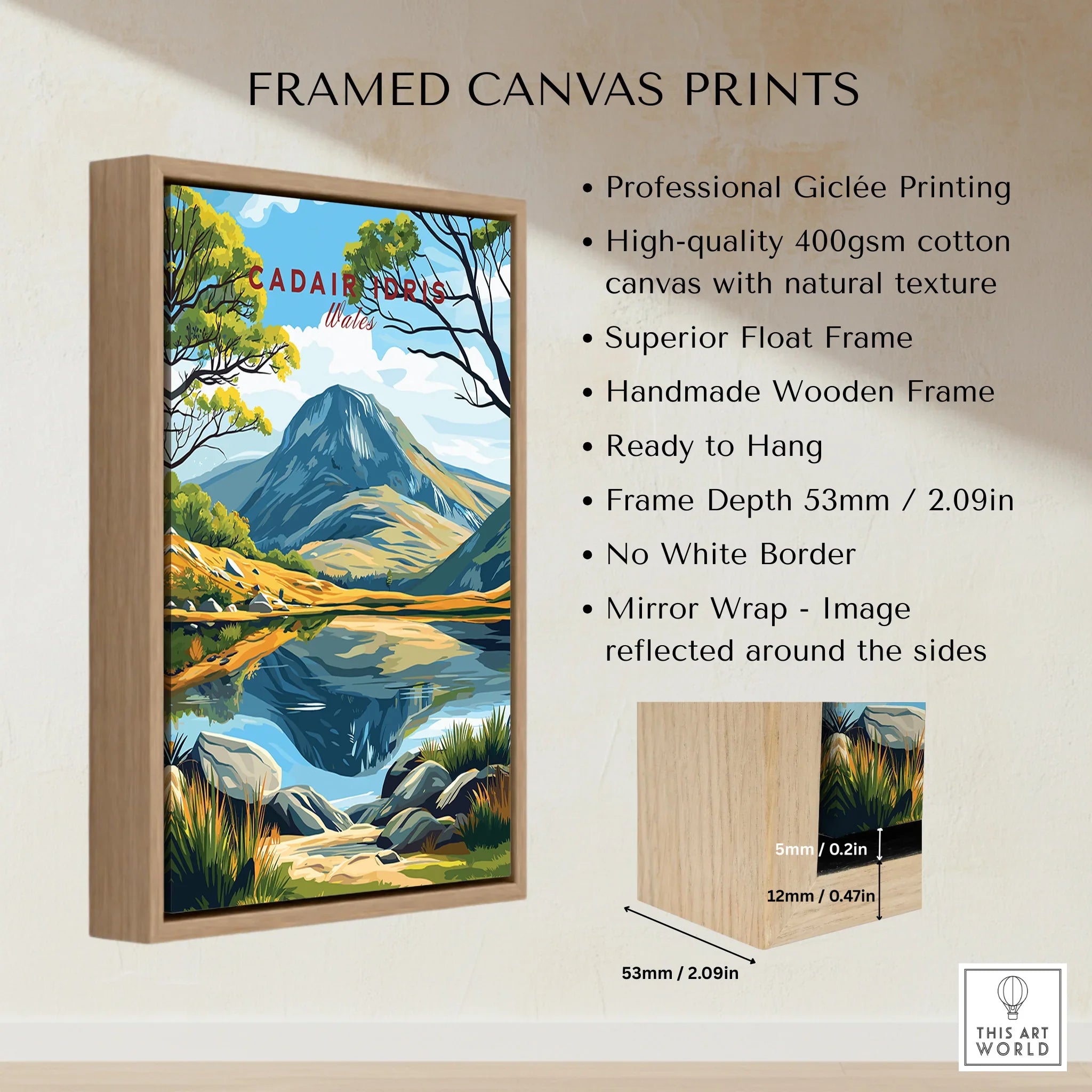 Framed canvas print of Cadair Idris landscape with float frame and product details listed