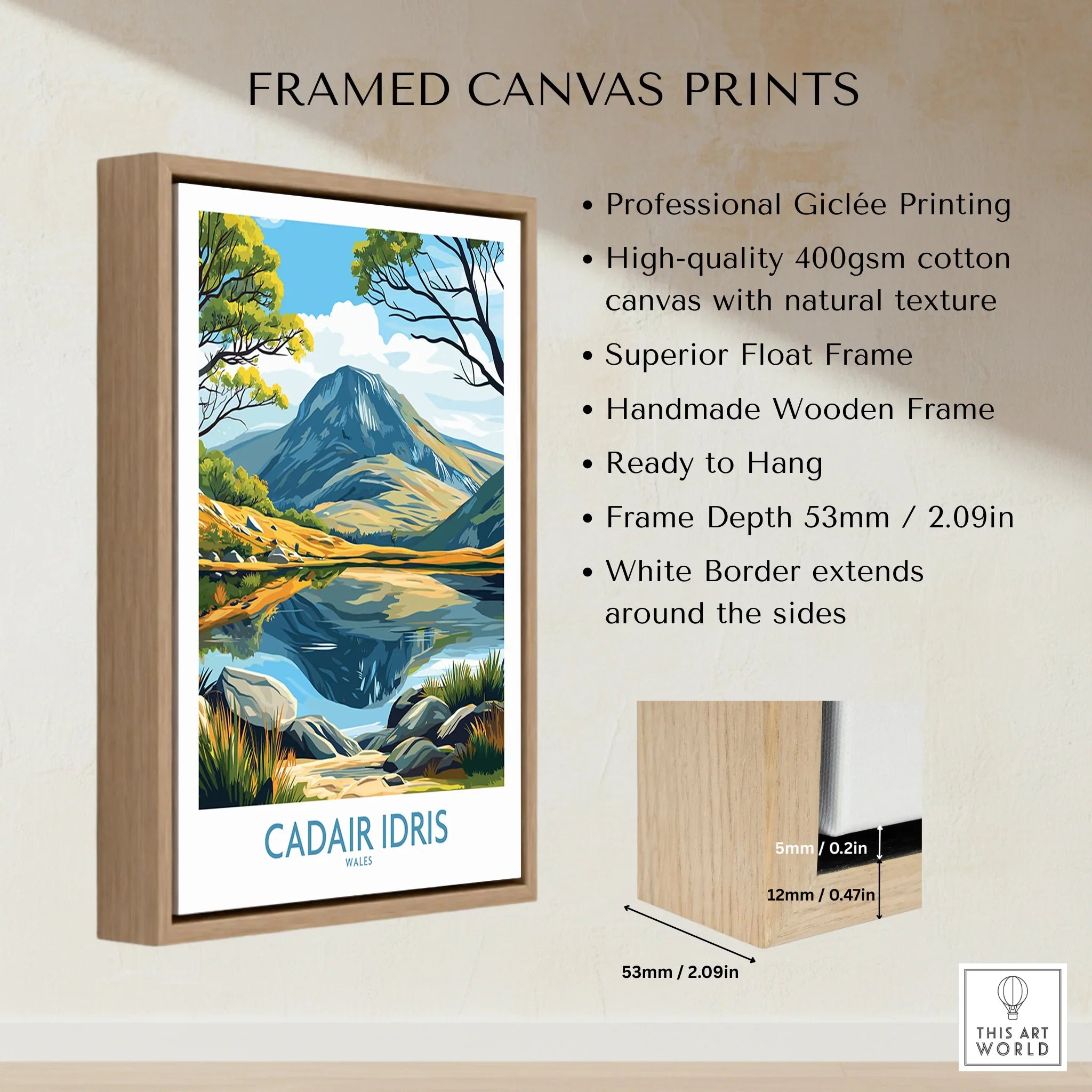 Framed canvas print of a scenic mountain landscape, handmade wooden float frame, ready to hang