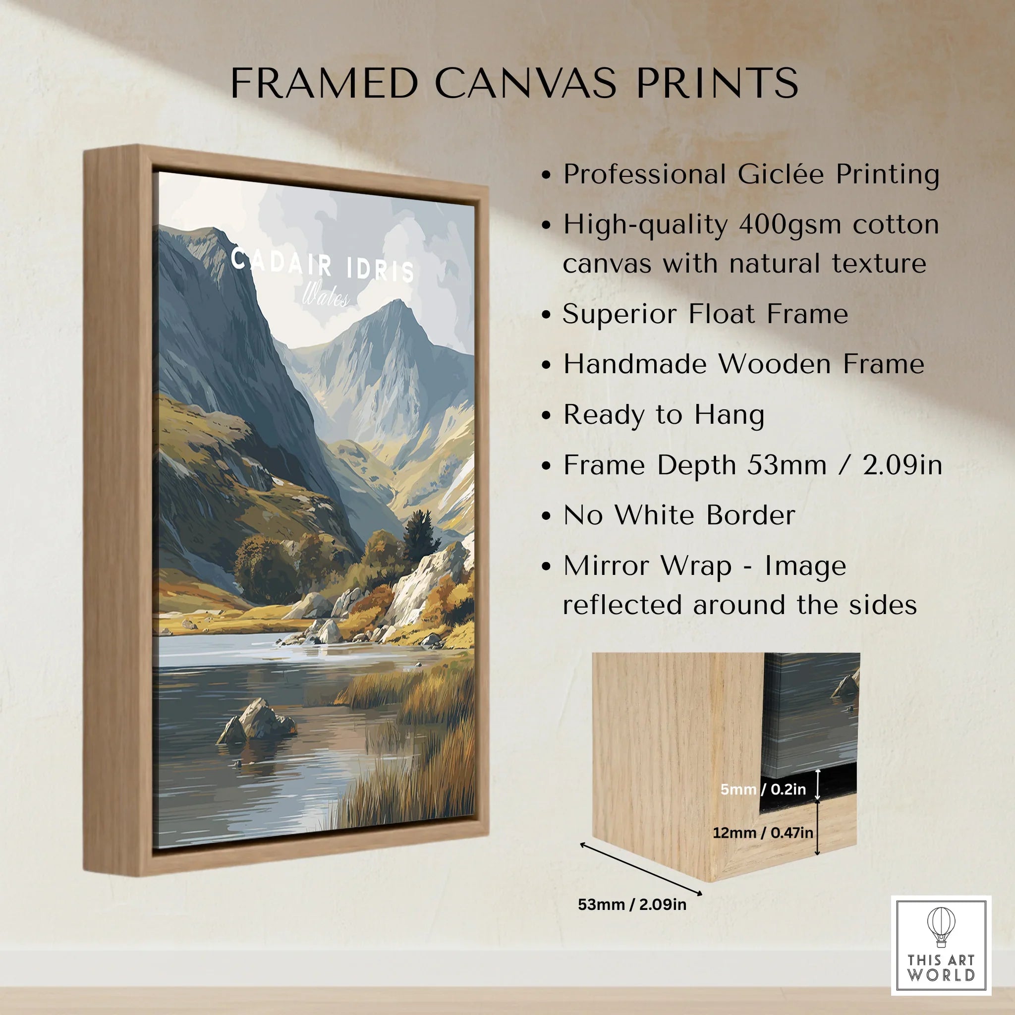 Framed canvas print of Cadair Idris landscape with wooden float frame and wall art details.
