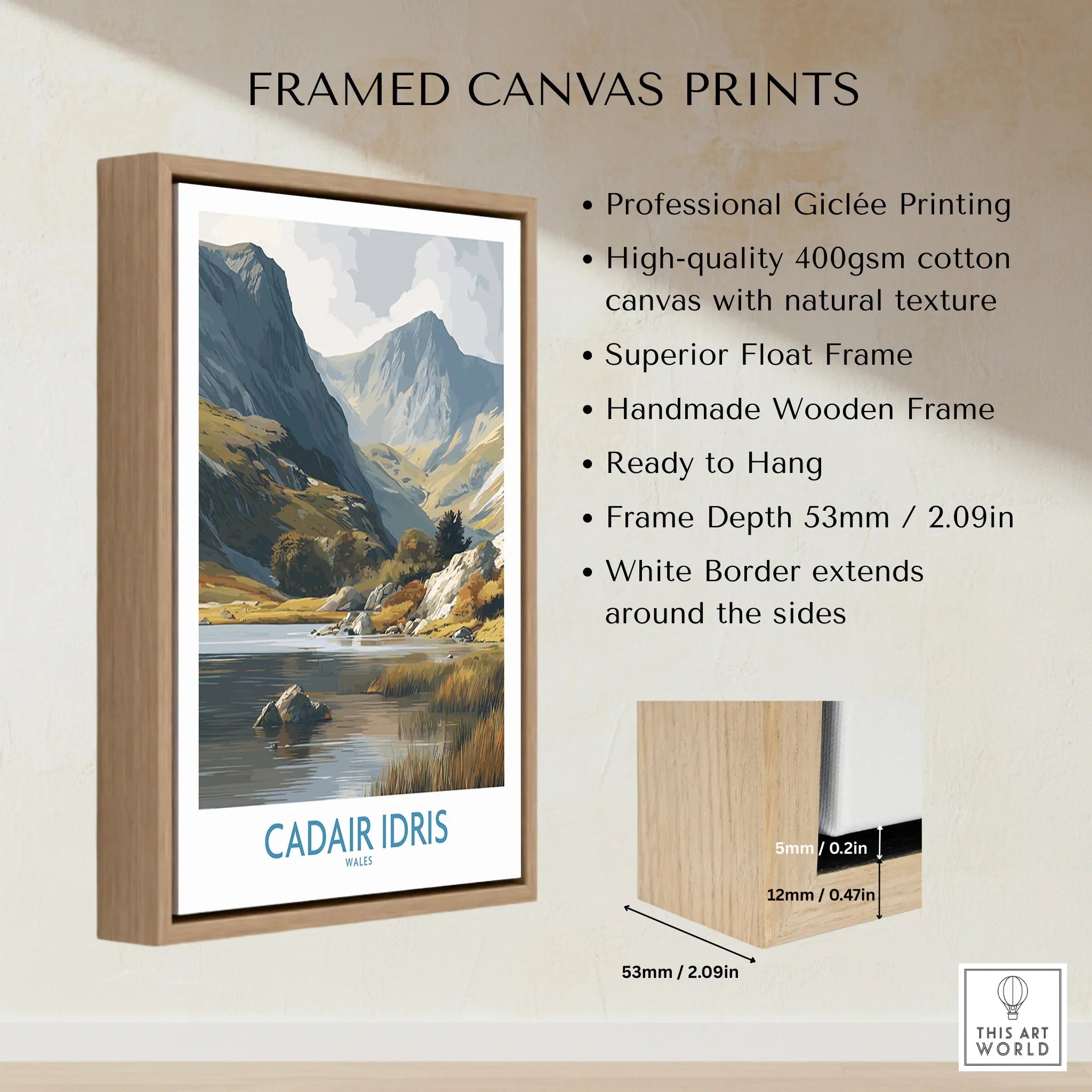 Framed canvas wall art of Cadair Idris mountain landscape, wooden float frame details shown.