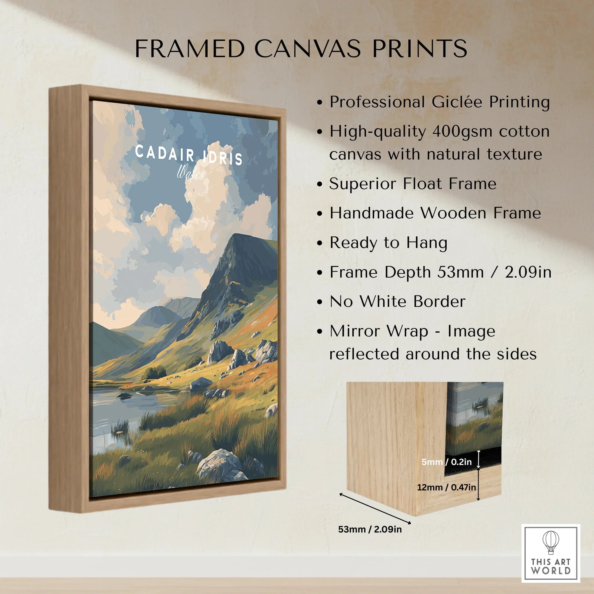 Framed canvas print of Cadair Idris landscape with wooden float frame and wall art details