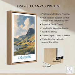 Framed canvas print of Cadair Idris mountain landscape in float wooden frame, wall art details shown.