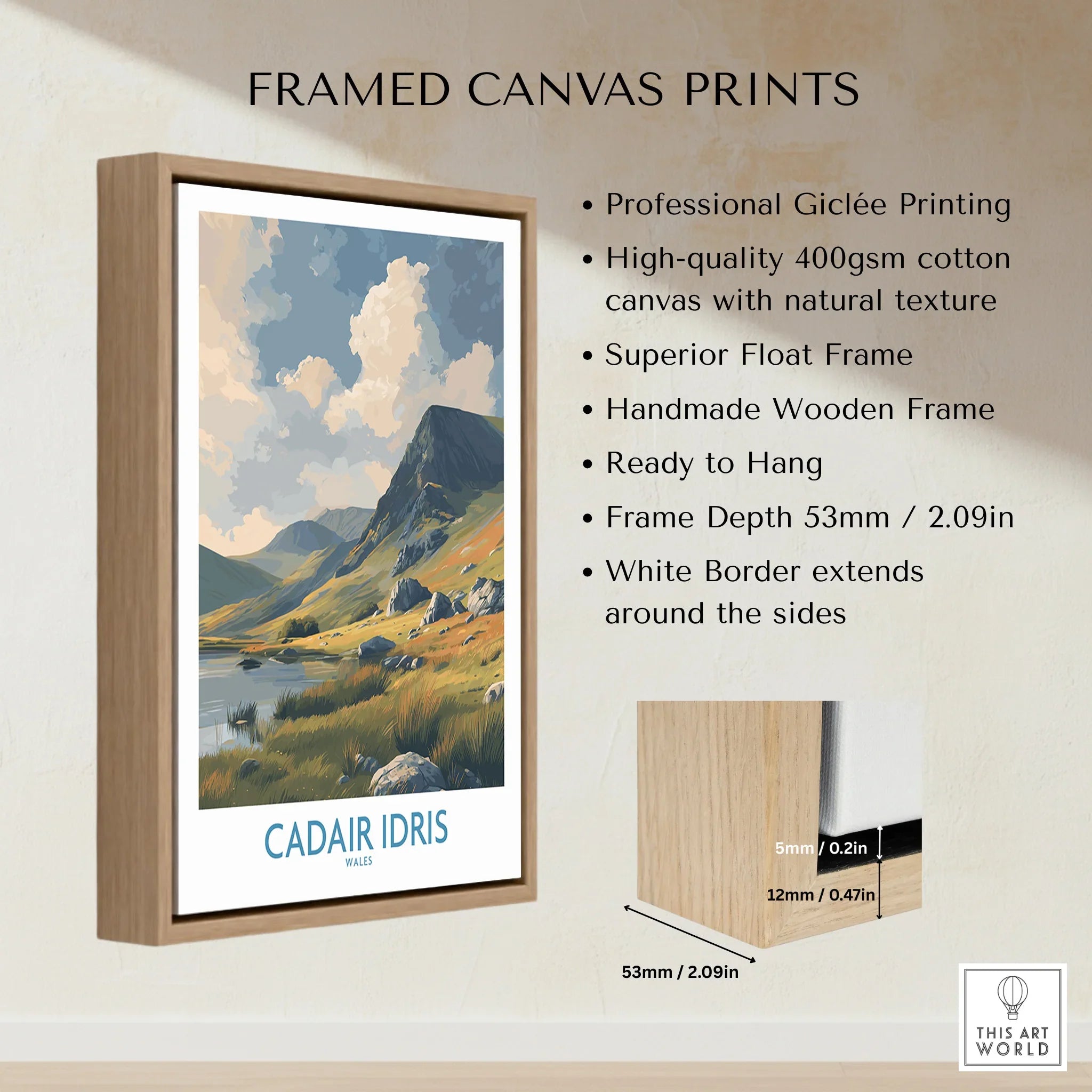 Framed canvas print of Cadair Idris mountain landscape in float wooden frame, wall art details shown.