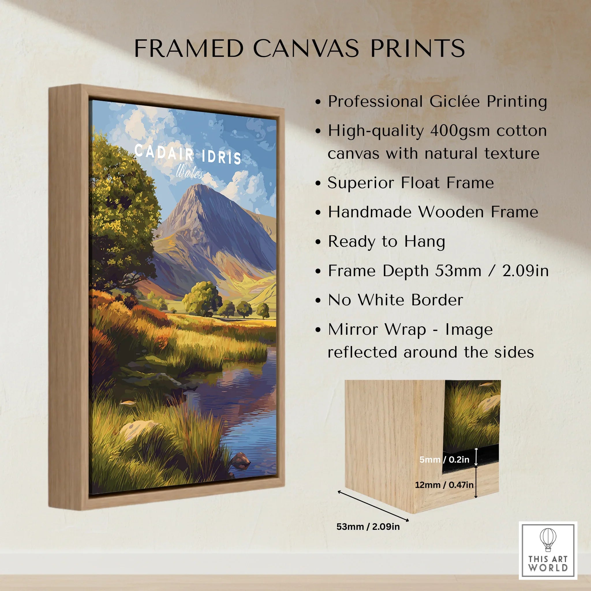 Framed canvas print of Cadair Idris mountain landscape with float frame and wooden edge details.