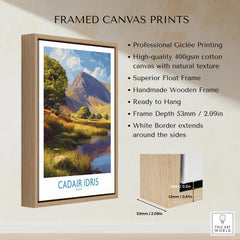 Framed canvas print of Cadair Idris mountain landscape with wooden float frame details.
