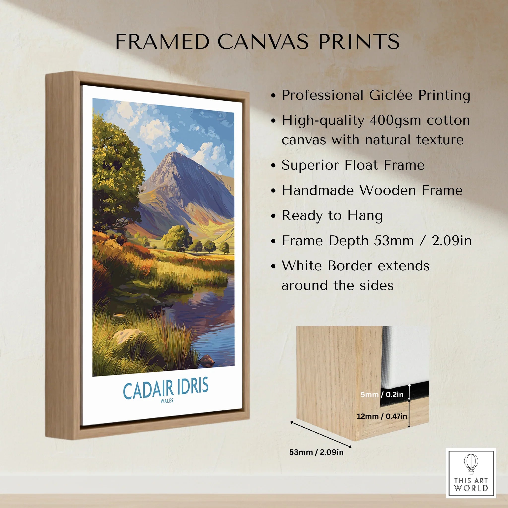 Framed canvas print of Cadair Idris mountain landscape with wooden float frame details.