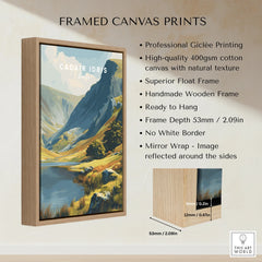 Framed canvas print of Cadair Idris mountain landscape with float frame and detailed specs.