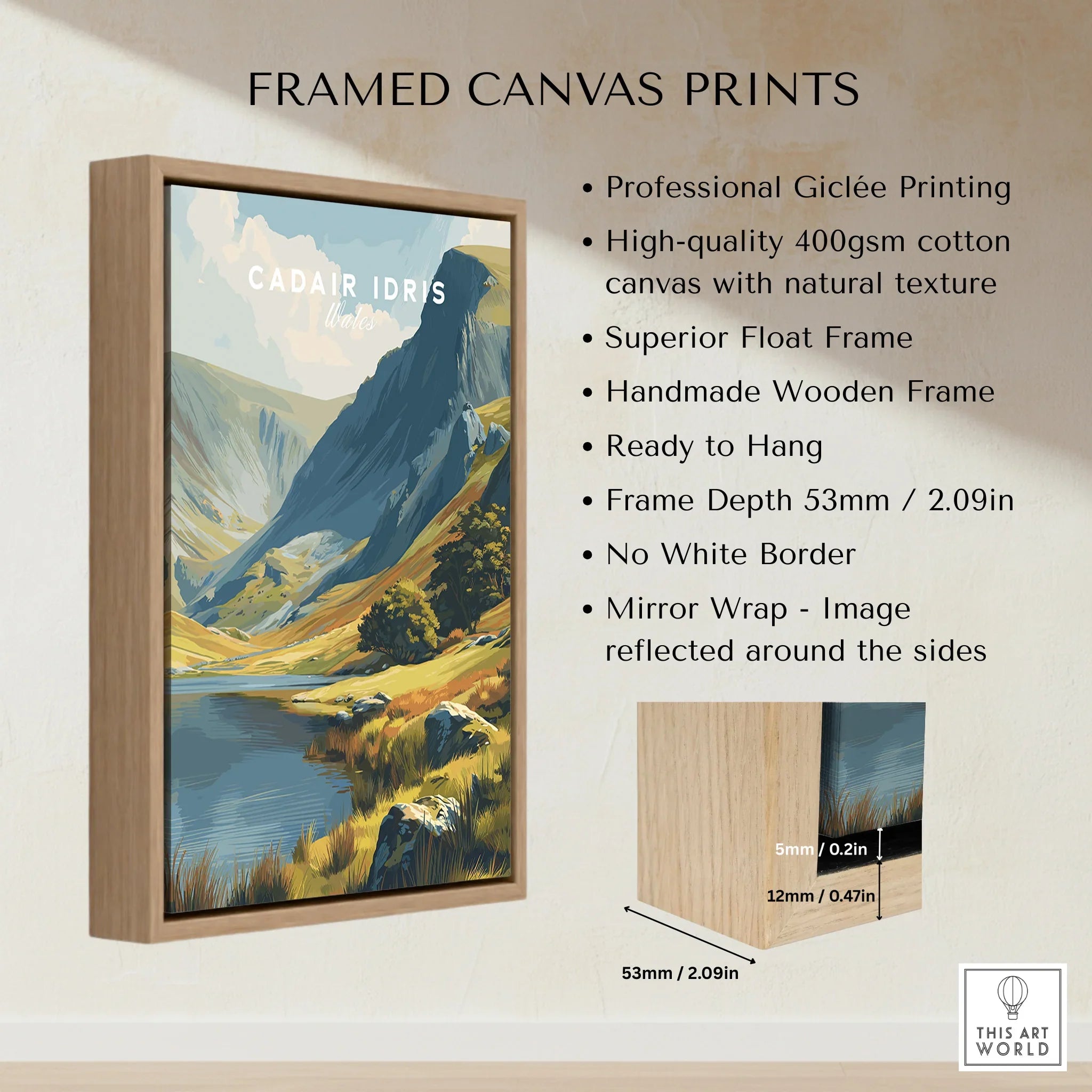 Framed canvas print of Cadair Idris mountain landscape with float frame and detailed specs.