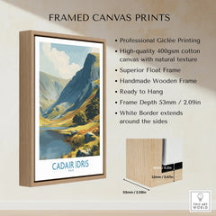 Framed canvas print of Cadair Idris mountain landscape in float wooden frame, wall art details shown.
