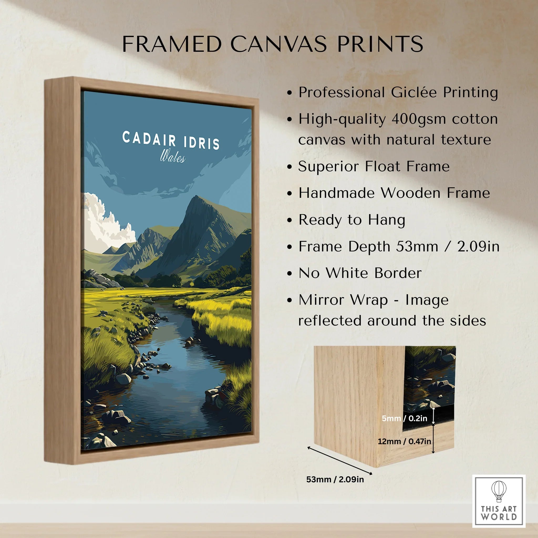 Framed canvas print of Cadair Idris Wales with wooden float frame and vibrant mountain landscape
