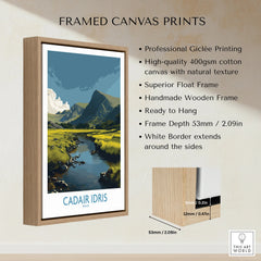 Framed canvas print of Cadair Idris landscape with float frame and wall art details display.