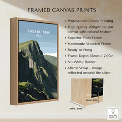 Framed canvas print of Cadair Idris Wales mountain with wooden float frame and wall art details.