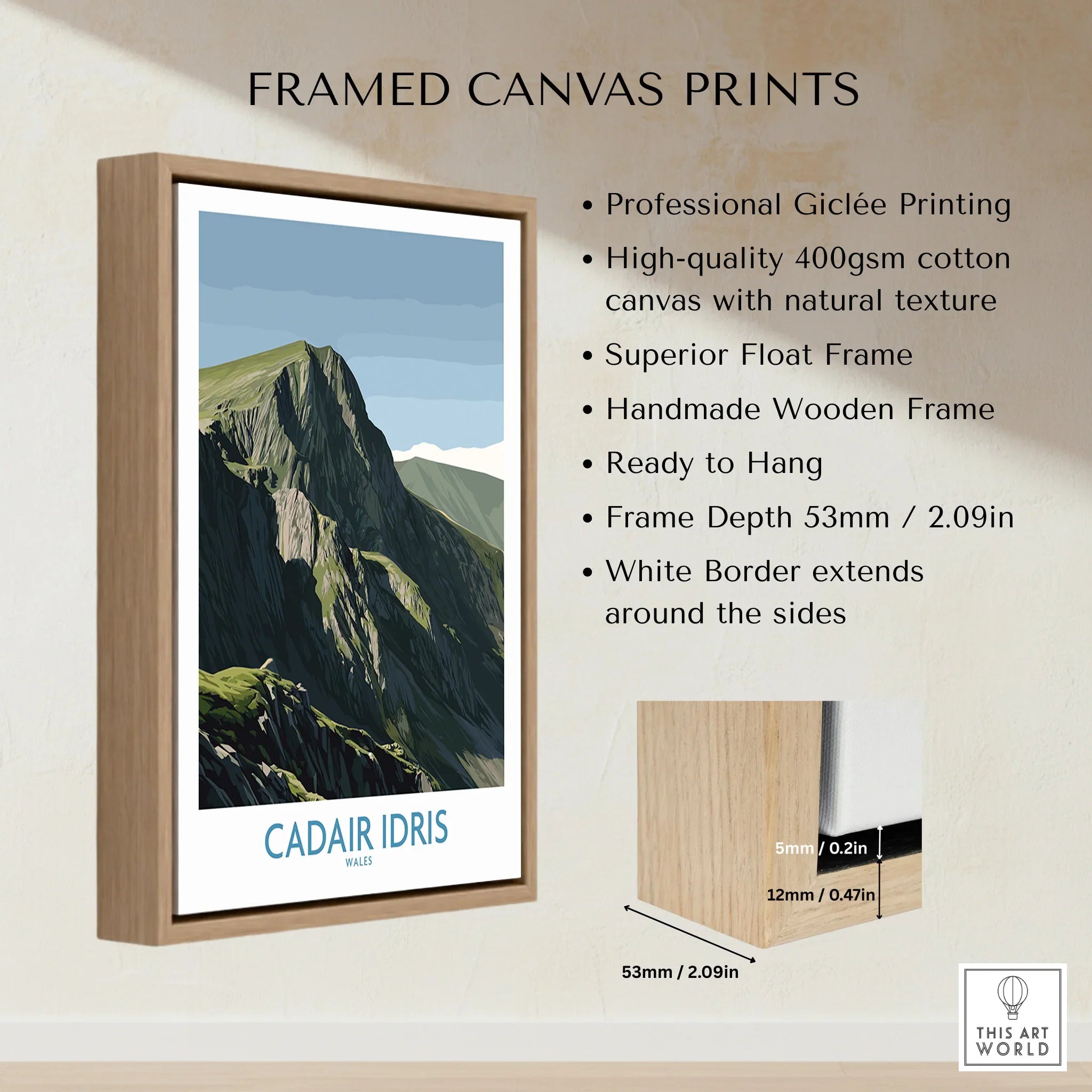 Framed canvas print of Cadair Idris mountain in Wales with float frame details and features list