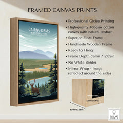 Framed Cairngorms National Park canvas print with float frame and illustrated landscape art.