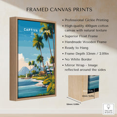Captiva Island Travel Poster – Florida Beach Houses and Palm Trees Art framed canvas print with wooden frame.
