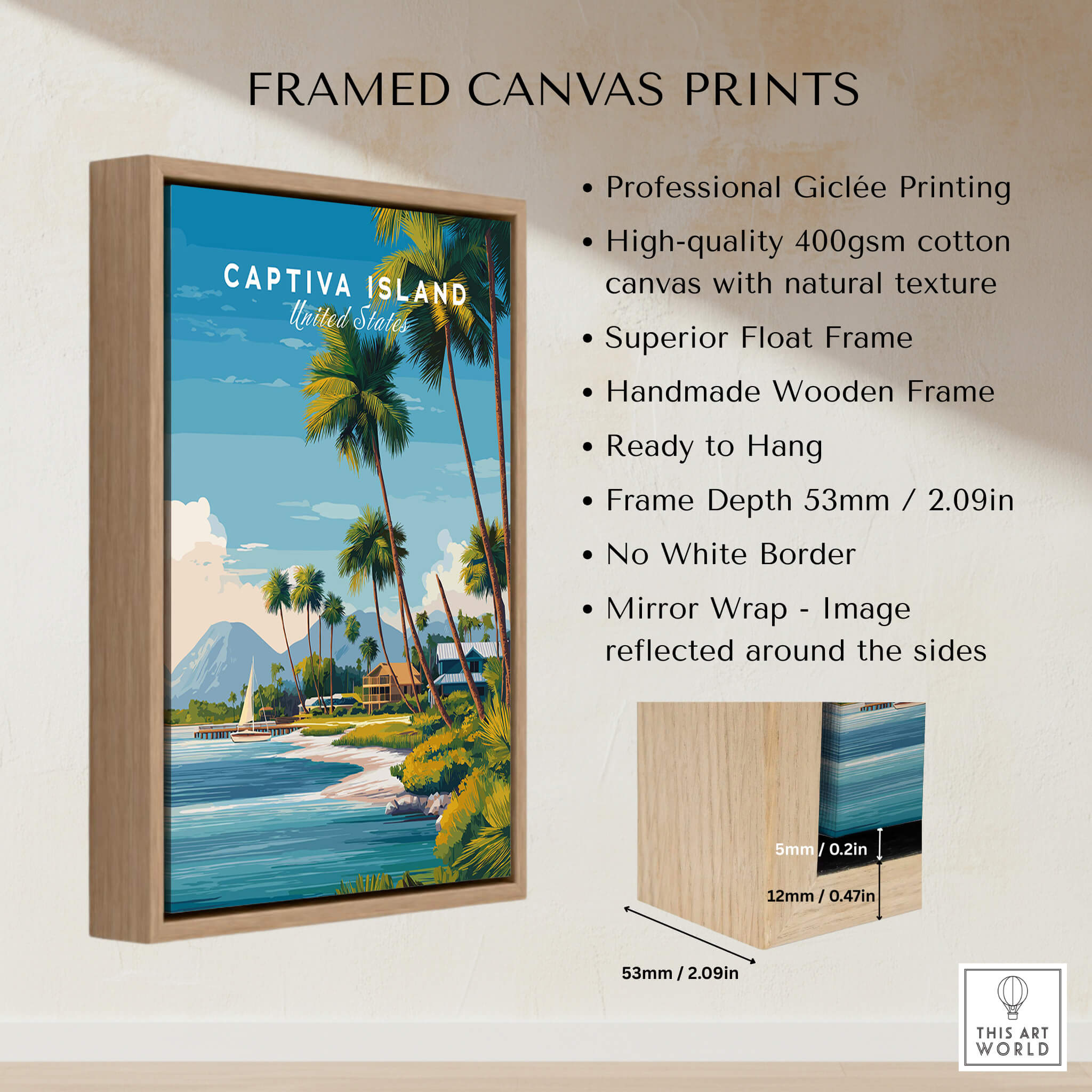Captiva Island Travel Poster – Florida Beach Houses and Palm Trees Art framed canvas print with wooden frame.