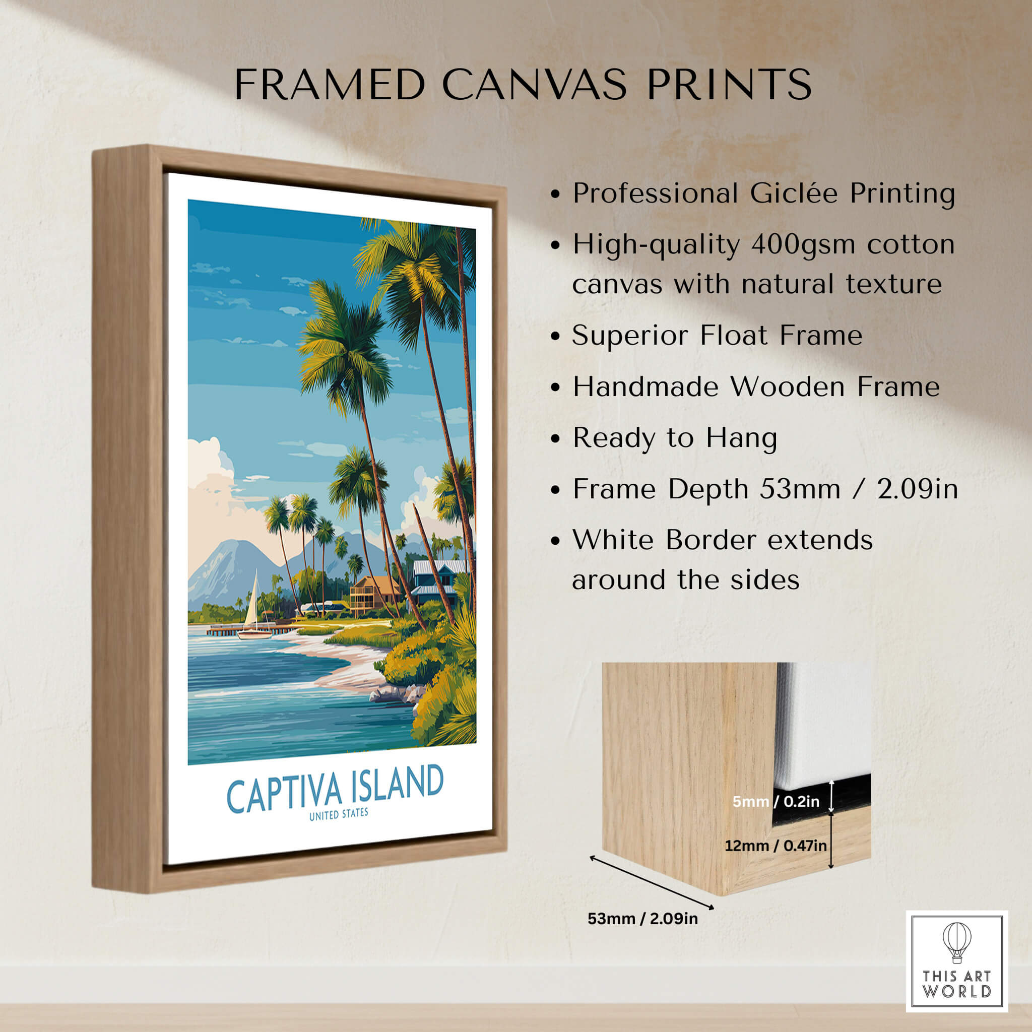 Captiva Island Florida Wall Art – Tropical Coastline and Sailboat Decor framed canvas print with wooden frame and vibrant colors.
