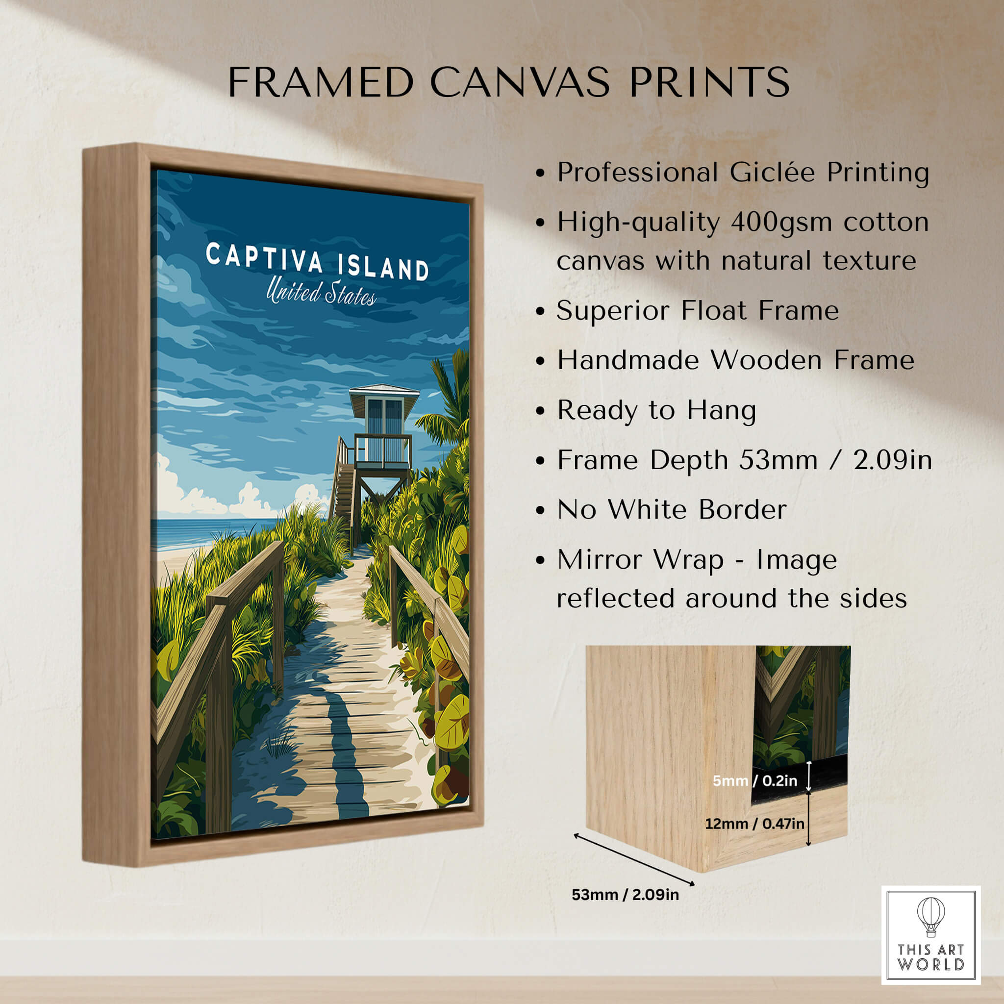 Captiva Island Poster – Florida Beach Print framed canvas with wooden frame and beautiful landscape.
