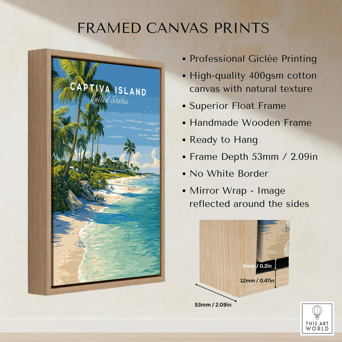 Captiva Island Travel Poster – White Sand Beach and Turquoise Water Art framed print showcasing coastal beauty.