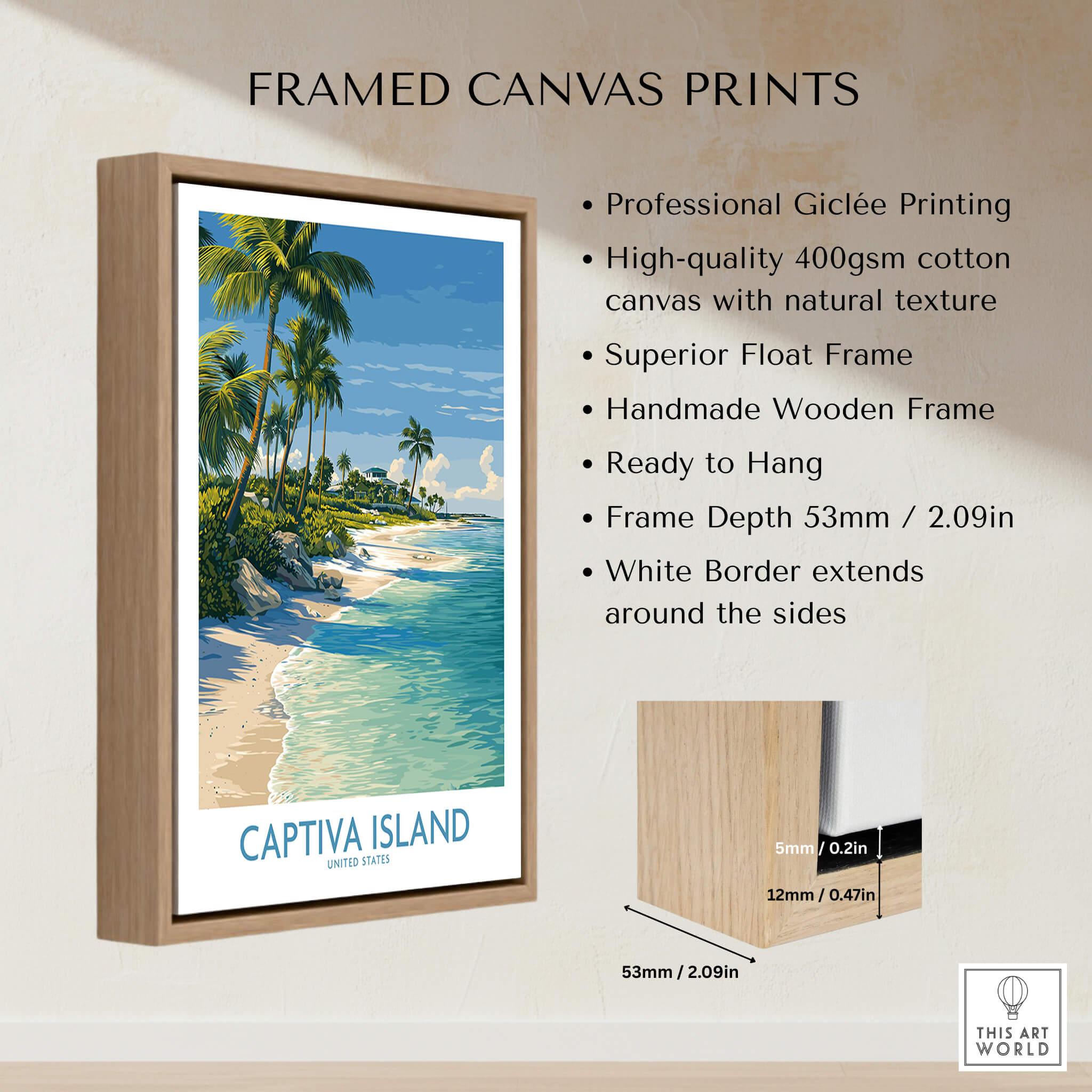 Captiva Island Florida Print – Sunny Shoreline and Tropical Palm Decor in a framed canvas showcasing vibrant beach scenery.
