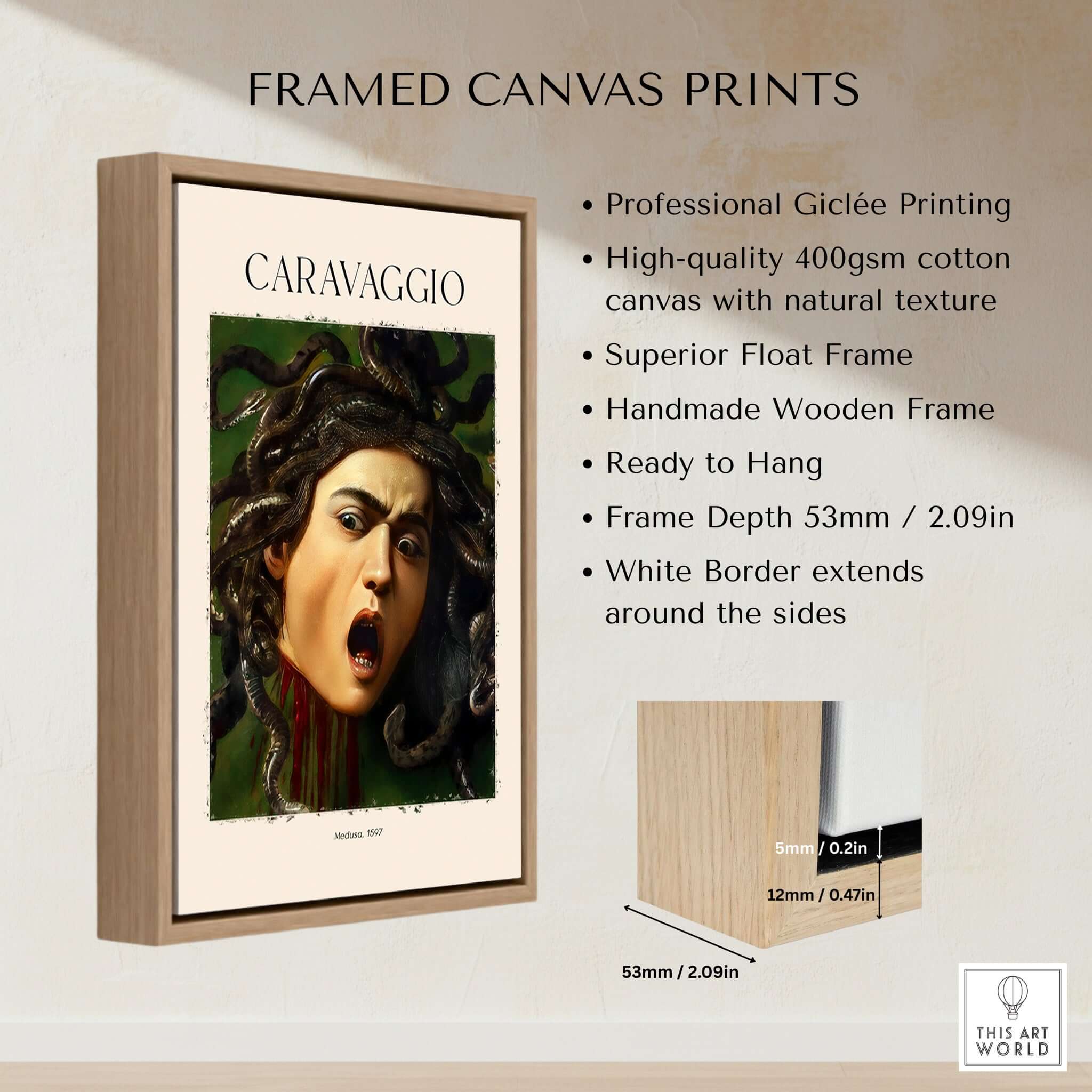 Caravaggio Art Prints - Medusa 1597 Framed Canvas featuring a Giclée print of Medusa with a wooden float frame.