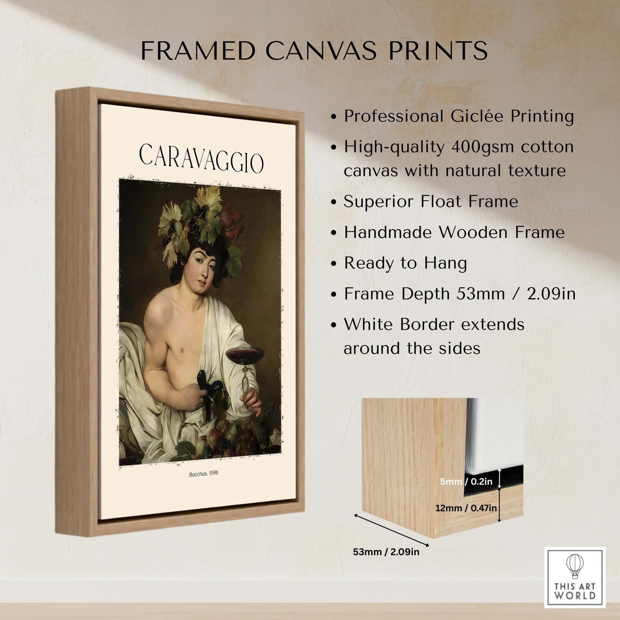 Caravaggio Bacchus Art Print - Roman God of Wine Baroque Wall Decor 1596 framed canvas print with wooden frame