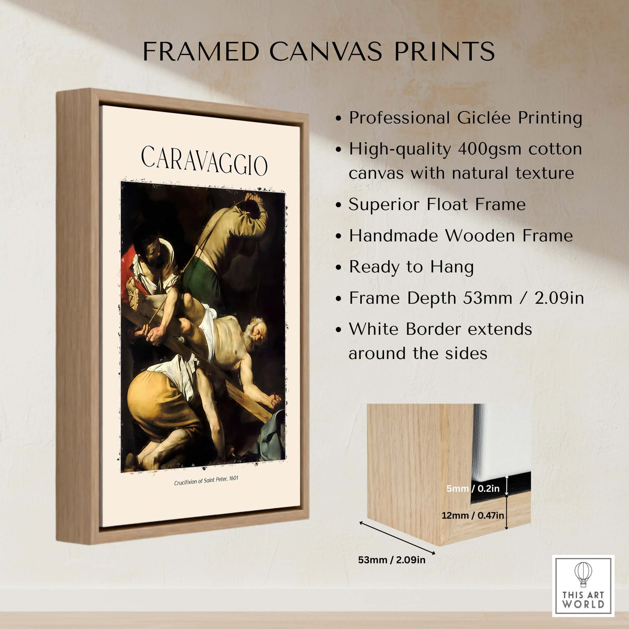 Caravaggio Art Print - Crucifixion of Saint Peter 1601 framed canvas print showcasing professional giclée quality.
