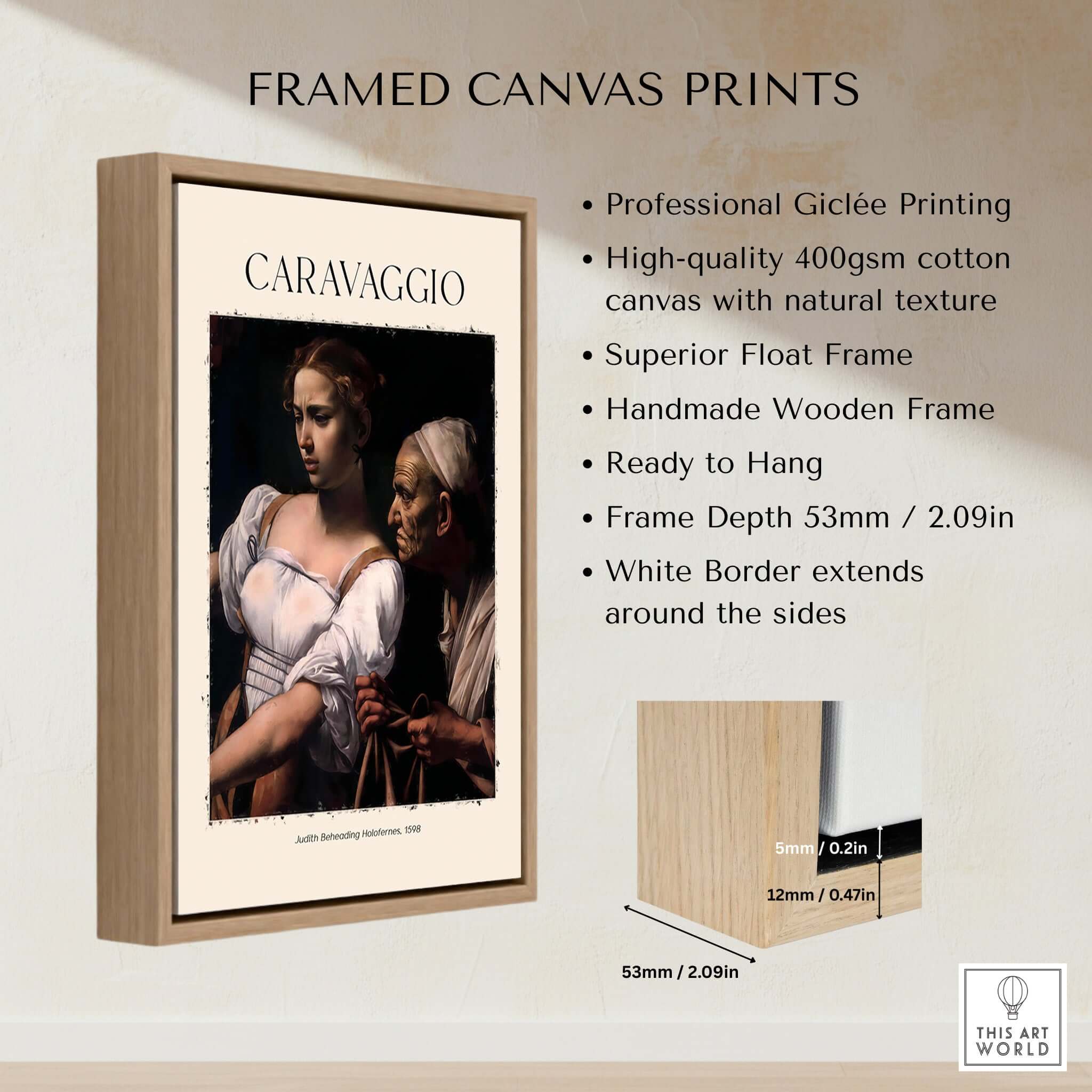 Caravaggio Art Print - Judith Beheading Holofernes Poster 1598 framed canvas print with a natural wood frame