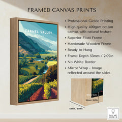 Framed Carmel Valley California travel poster with float frame, vineyard illustration, and canvas print details