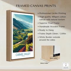 Carmel Valley California framed canvas print with float frame and wooden edge details shown.