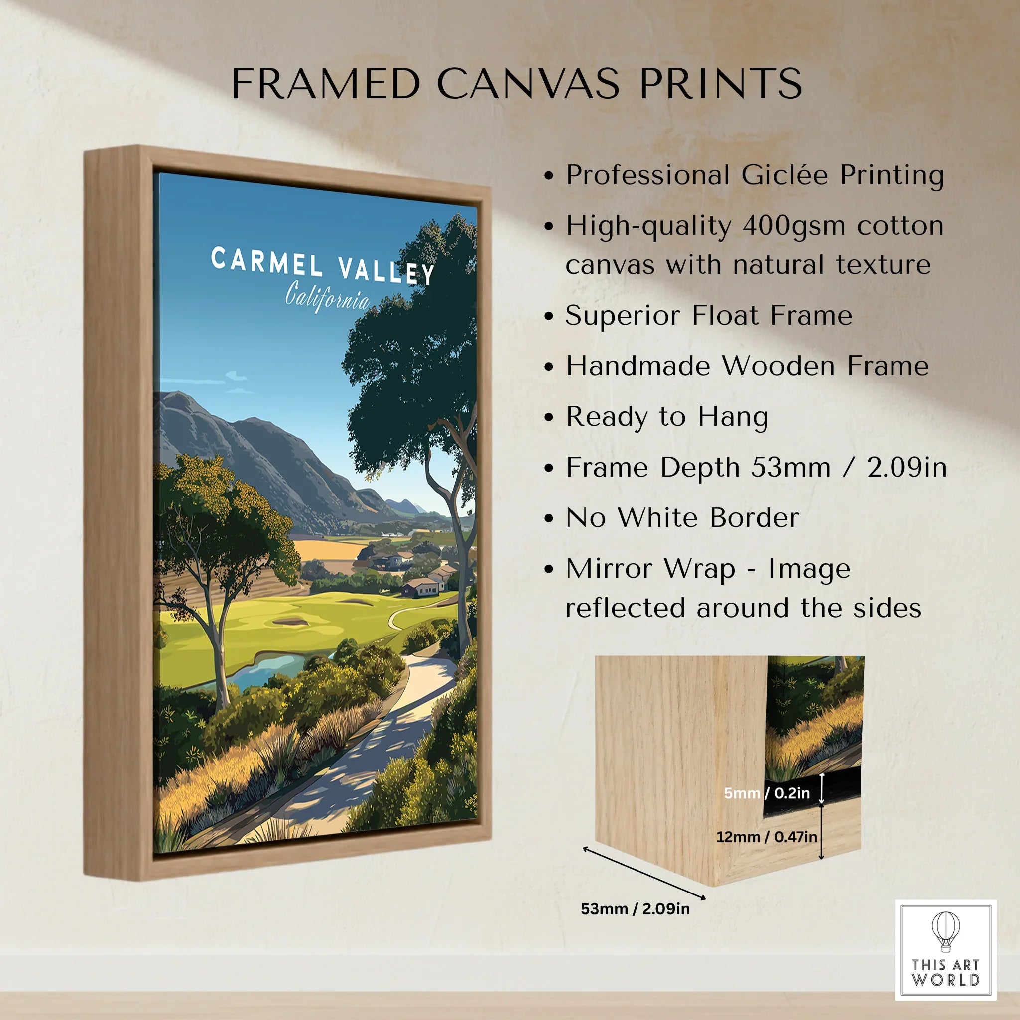 Carmel Valley California framed canvas print with wooden float frame, landscape wall art details