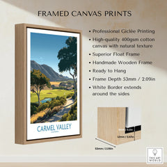 Framed canvas print of Carmel Valley landscape with float frame and product features listed.