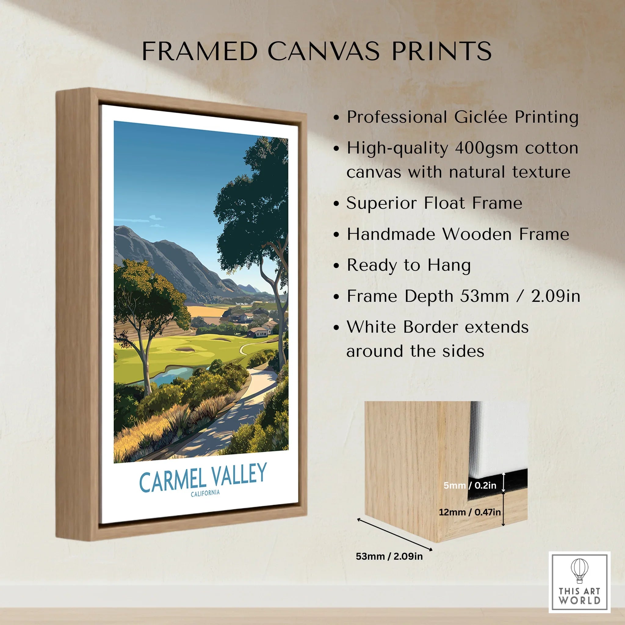 Framed canvas print of Carmel Valley landscape with float frame and product features listed.