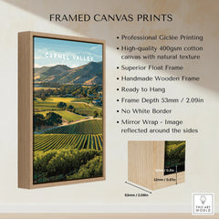 Framed canvas print of Carmel Valley landscape with wooden float frame and product details