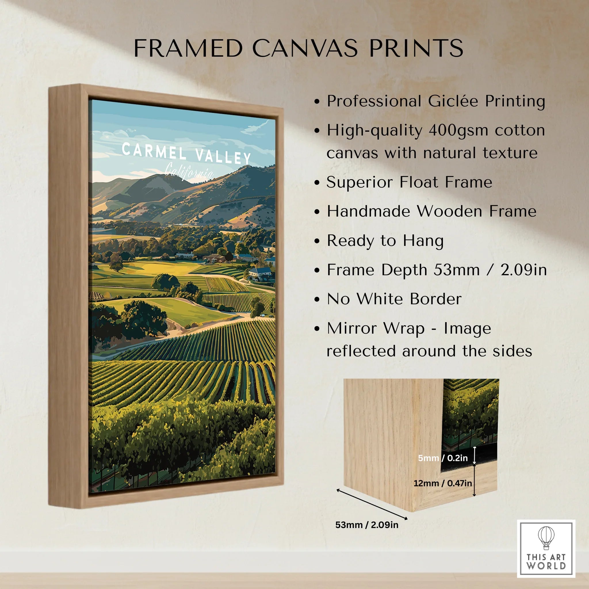 Framed canvas print of Carmel Valley landscape with wooden float frame and product details