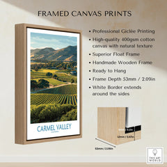 Framed canvas print featuring a Carmel Valley landscape with float wooden frame details.