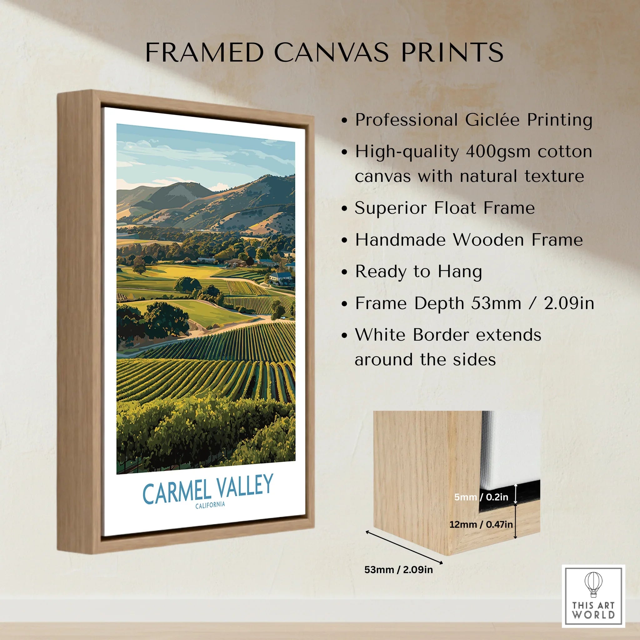 Framed canvas print featuring a Carmel Valley landscape with float wooden frame details.