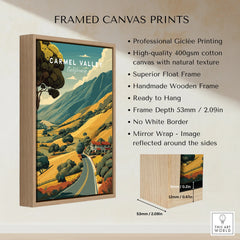 Carmel Valley California framed canvas print with wooden float frame, wall art details shown