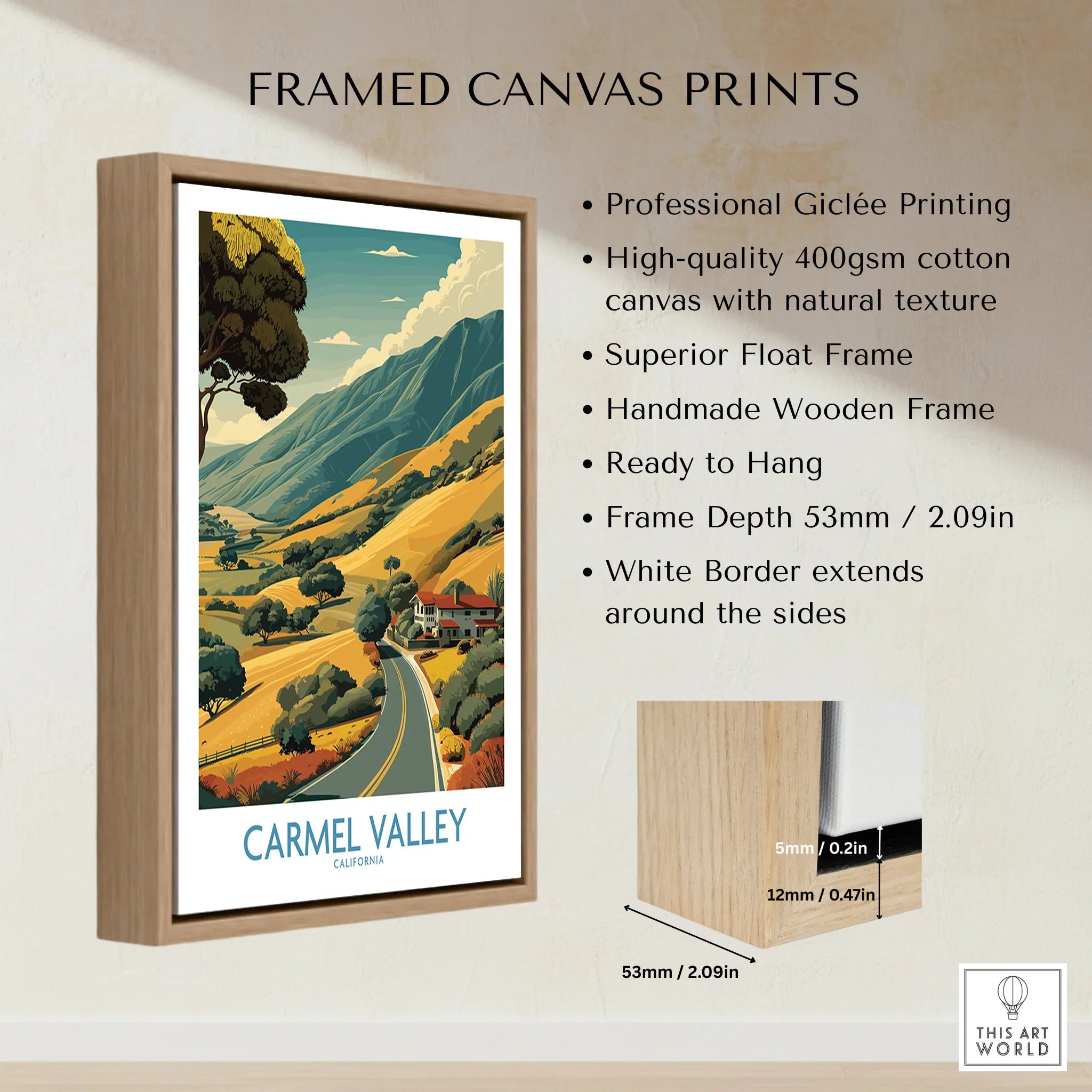 Framed Carmel Valley travel poster print with float frame and canvas texture details.
