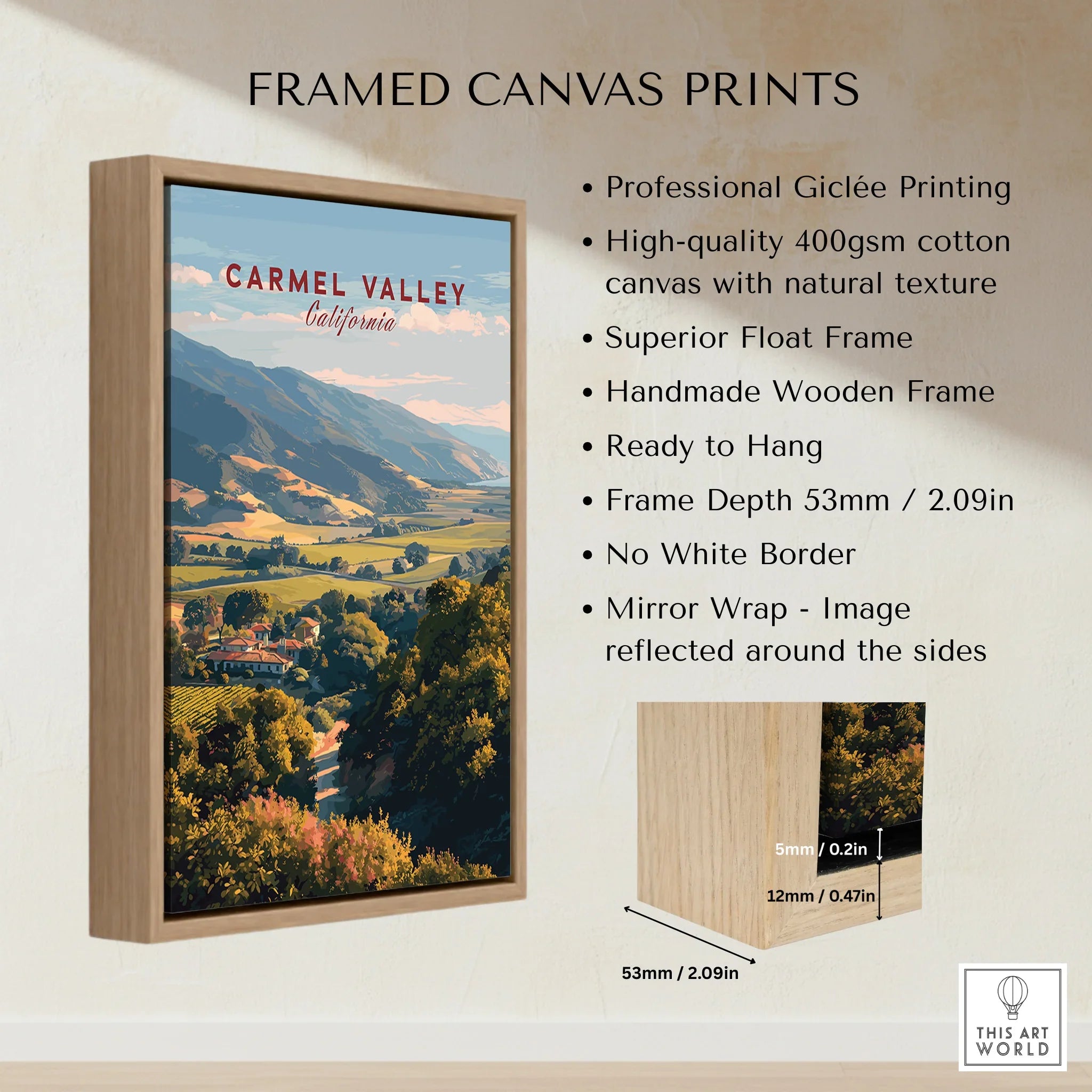 Framed canvas print of Carmel Valley California landscape with wooden float frame details