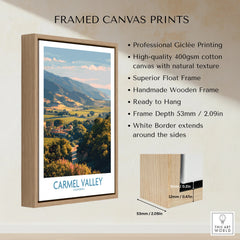 Carmel Valley framed canvas print with float frame, showcasing landscape wall art and frame details.