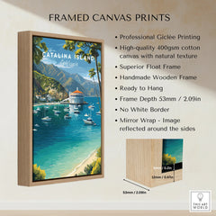Framed canvas print featuring Catalina Island illustration with boats and a wooden float frame